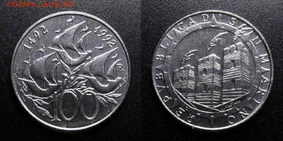 МОНЕТЫ МИРА 09-19 (+боны, медали и жетоны) - Сан-Марино – 100 лир (1992) «500-летие открытия Америки; три корабля Колумба» (редкая) №1