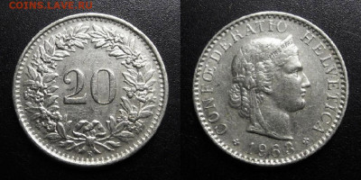 МОНЕТЫ МИРА 09-19 (+боны, медали и жетоны) - Швейцария – 20 раппенов (1963)