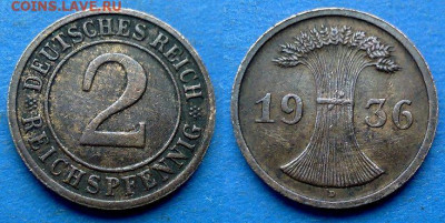 Германия - 2 рейхспфеннига (D) 1936 года до 27.09 - Германия 2 рейхспфеннига, 1936