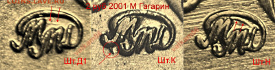 2 руб 2001 М Гагарин - положение монограммы. - Фишки Д1, К, Н 1 - 1 - 1