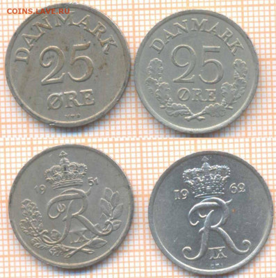 Дания 25 эре 1951,1962 г., до 14.10.2019 г. 22.00 по Москве - Дания 25 эре 1951 1962  7019
