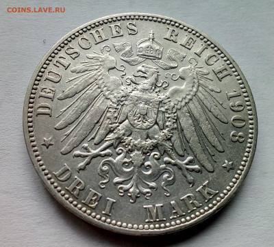 Саксония. 3 марки 1908(E) до 14.10.19 - 12