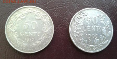 2 монеты Бельгии 1909 и 1914  - 50 сантимов - Фото-1960 (2)