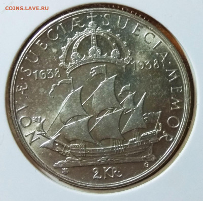 С 200 руб. Швеция 2 кроны 1938. 300 лет поселению Делавэр - 138159705