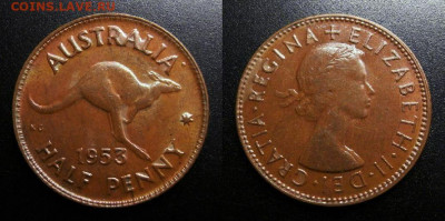 МОНЕТЫ МИРА 10-19 - Австралия – 0,5 пенни (1953) «Кенгуру. Елизавета II»