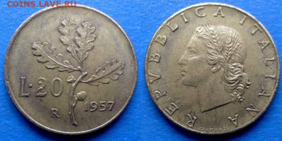 Италия - 20 лир 1957 года до 22.10 - Италия 20 лир, 1957
