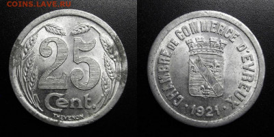 МОНЕТЫ МИРА 10-19 - Франция (Эврё) – 25 сантимов (1921) (токен) №1