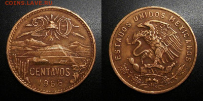 МОНЕТЫ МИРА 10-19 - Мексика – 20 сентаво (1966) «Пирамида Солнца (герб тип №2)» №1