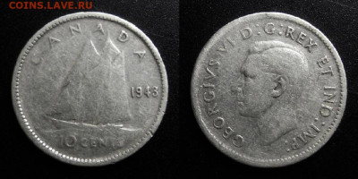 МОНЕТЫ МИРА 10-19 - Канада – 10 центов (1943) «Шхуна, Георг VI» (Ag)