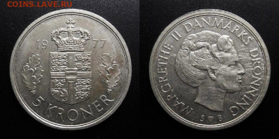 МОНЕТЫ МИРА 10-19 - Дания – 5 крон (1977 S-В) «Маргарет II»