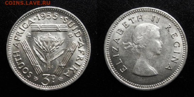 МОНЕТЫ МИРА 10-19 - Южная Африка – 3 пенса (1955) «Гигантская протея; Елизавета II» (Ag)