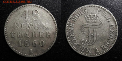 МОНЕТЫ МИРА 10-19 - Германия (Мекленбург-Шверин) – 1-48 талера (1860 А) (Ag)