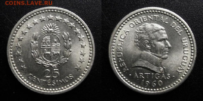 МОНЕТЫ МИРА 10-19 - Уругвай – 25 сентесимо (1960) «Генерал Хосе Хервасио Артигас» №1