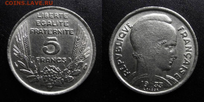 МОНЕТЫ МИРА 10-19 - Франция – 5 франков (1933) никель (тип №2)