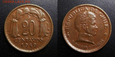 МОНЕТЫ МИРА 10-19 - Чили – 20 сентаво (1949)