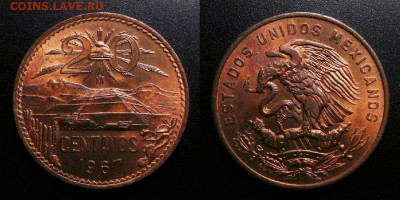 МОНЕТЫ МИРА 10-19 - Мексика – 20 сентаво (1967) «Пирамида Солнца (герб тип №2)» №1