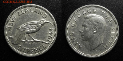 МОНЕТЫ МИРА 10-19 - Новая Зеландия - 6 пенсов (1948) «Птица гуйя; Георг VI»