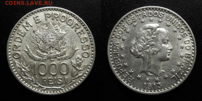 МОНЕТЫ МИРА 10-19 - Бразилия – 1000 рейс (1913) (Ag)