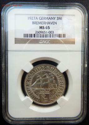 3 рейхсмарки (reichsmark) 1927 года Бремерхафен MS65 - 3М 1927 (2).JPG