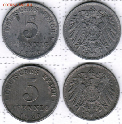 Расколы на 5 пфеннигах Германской империи(1917-1920)-10 штук - 5 пфеннигов 1920 цинк реверс, аверс(3-4)