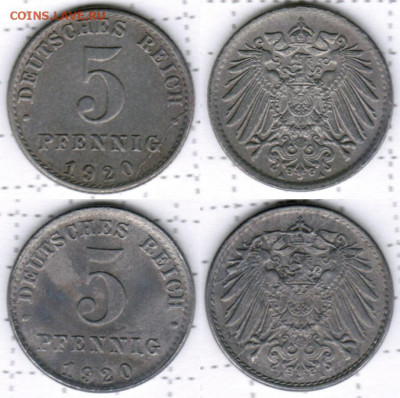 Расколы на 5 пфеннигах Германской империи(1917-1920)-10 штук - 5 пфеннигов 1920 цинк реверс, аверс(1-2)