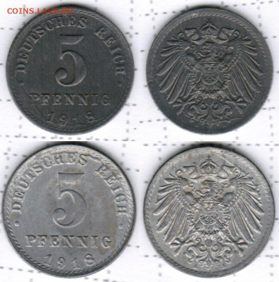 Расколы на 5 пфеннигах Германской империи(1917-1920)-10 штук - 5 пфеннигов 1918 цинк реверс, аверс(2-3)