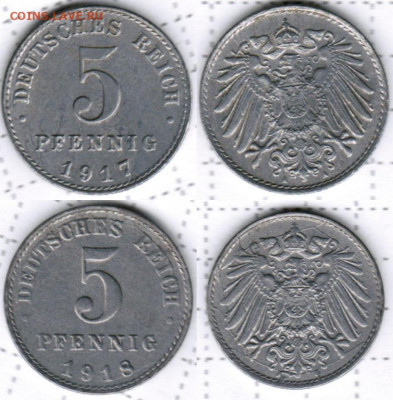 Расколы на 5 пфеннигах Германской империи(1917-1920)-10 штук - 5 пфеннигов 1917-1918 цинк реверс, аверс(3-1)