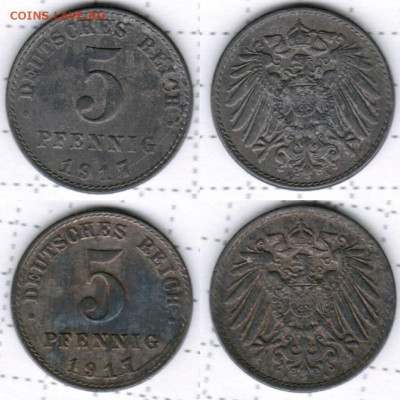 Расколы на 5 пфеннигах Германской империи(1917-1920)-10 штук - 5 пфеннигов 1917 цинк реверс, аверс(1-2)