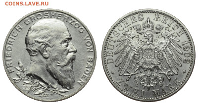 Баден. 2 марки 1902 г. 50 лет правл. Фридриха. До 30.10.19. - Р89.JPG