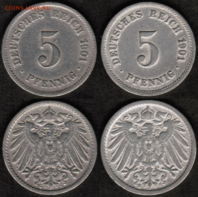 Разновидности штемпелей 5 пфеннигов Германской империи - 5 пфеннигов 1901 аверс и реверс