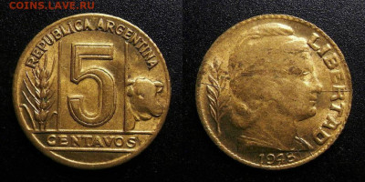 МОНЕТЫ МИРА 10-19 - Аргентина - 5 сентаво (1948) «Колос и корова»