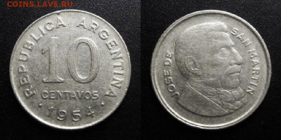 МОНЕТЫ МИРА 10-19 - Аргентина – 10 сентаво (1954) «Хосе де Сан Мартин»