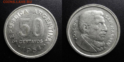 МОНЕТЫ МИРА 10-19 - Аргентина – 50 сентаво (1954) «Хосе де Сан Мартин – национальный герой» №1
