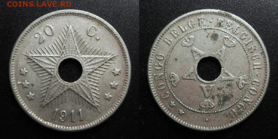 МОНЕТЫ МИРА 10-19 - Бельгийское Конго – 20 сантимов (1911) №6