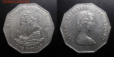 МОНЕТЫ МИРА 10-19 - Восточные Карибы – 1 доллар (1989) «Парусник; Елизавета II» №2