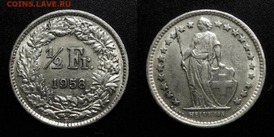 МОНЕТЫ МИРА 10-19 - Швейцария – 0,5 франка (1958) (Ag)