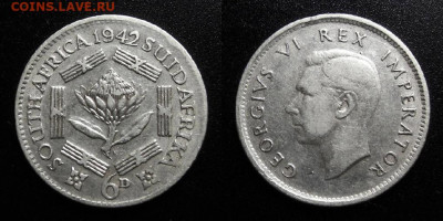 МОНЕТЫ МИРА 10-19 - Южная Африка – 6 пенсов (1942) «Протея, Георг VI» (Ag)