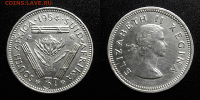 МОНЕТЫ МИРА 10-19 - Южная Африка – 3 пенса (1954) «Гигантская протея; Елизавета II» (Ag)