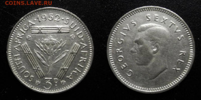 МОНЕТЫ МИРА 10-19 - Южная Африка – 3 пенса (1952) «Гигантская протея; Георг VI» (Ag)