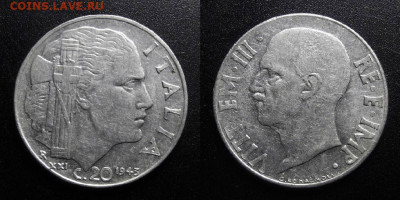 МОНЕТЫ МИРА 10-19 - Италия - 20 чентезимо (1943)