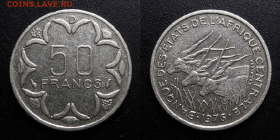 МОНЕТЫ МИРА 10-19 - Центральная Африка – 50 франков (1976 D (D – Габон)) «Антилопы канны»