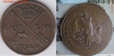 1 копейка 1758 г. Перечекан из шведской монеты. - 1748 1