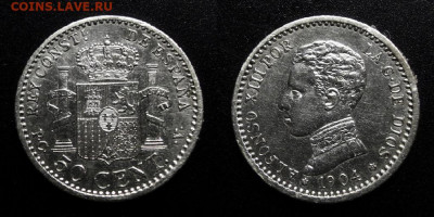 МОНЕТЫ МИРА 10-19 - Испания – 50 сентимо (1904 РС-V) «Альфонсо XIII – король Испании» (Ag)