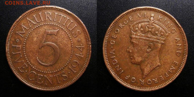 МОНЕТЫ МИРА 10-19 - Брит. Маврикий – 5 центов (1944) «Георг VI»