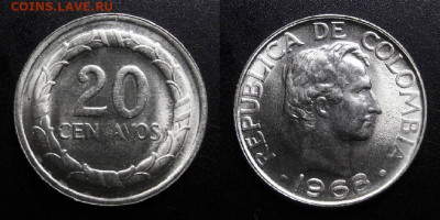 МОНЕТЫ МИРА 10-19 - Колумбия – 20 сентаво (1968)