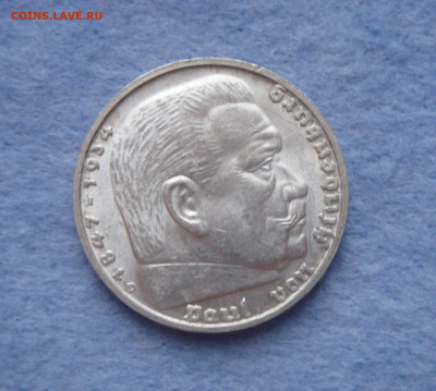 3 РЕЙХ, 5 марок 1939 D, Гинденбург, Штемпельный до 16.11. - 44