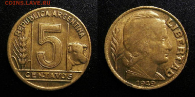 МОНЕТЫ МИРА 10-19 - Аргентина - 5 сентаво (1949) «Колос и корова» №1