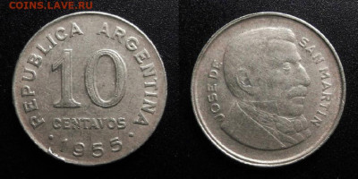 МОНЕТЫ МИРА 10-19 - Аргентина – 10 сентаво (1955) «Хосе де Сан Мартин»