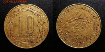 МОНЕТЫ МИРА 10-19 - Центральная Африка – 10 франков (1974) «Антилопы канны»