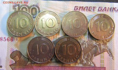ГЕРМАНИЯ 10 пфеннигов ФРГ F,J,D - 6 шт 1961-87 г    до 18.11 - IMG_6347.JPG
